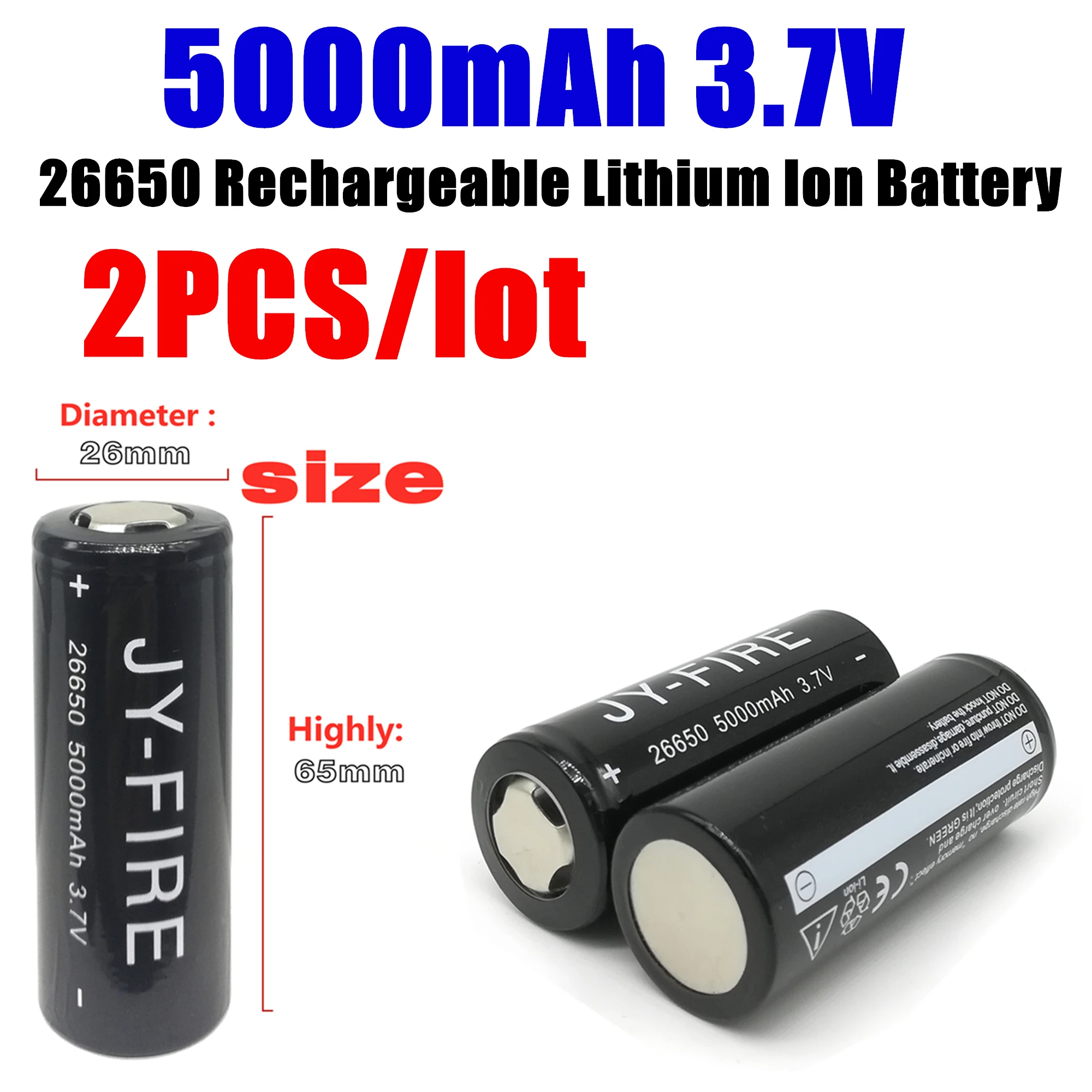 

2PCS /Lot Rechargeable Lithium Ion Battery 26650 3.7v 5000mah Suitable For Flashlights