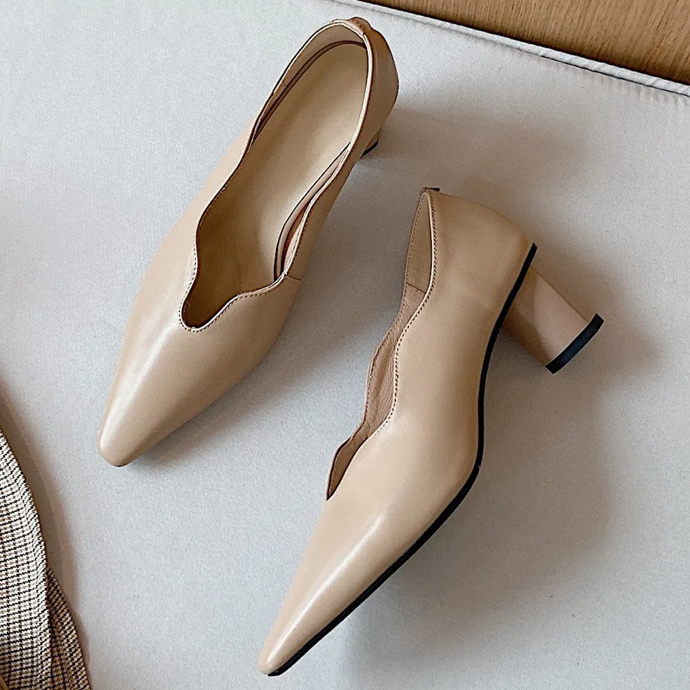 

Women's genuine leather thick med heel pointed toe slip-on pumps elegant ladies OL style four season daily dress shoes for women