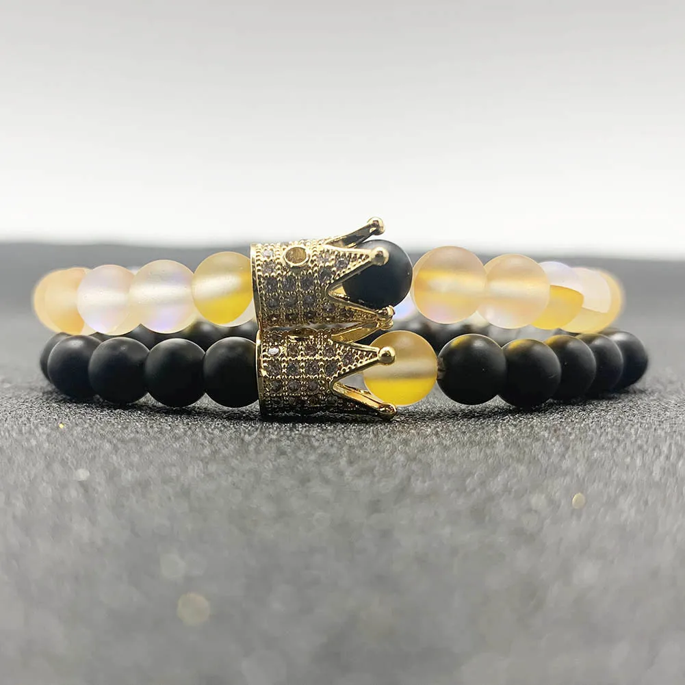 

Momiji 2pcs/set 10 Styles Couples Crown Bracelet Natural Stone Beaded Bracelet for Men Women Friend Gift Charm Strand Jewelry