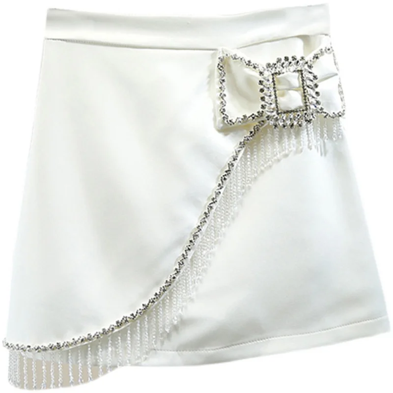 

Women's Mini Skirt Rhinestone Beaded Tassel Three-Dimensional Bow Irregular A- Line High Waist Slimming All-Match Skirts Lady