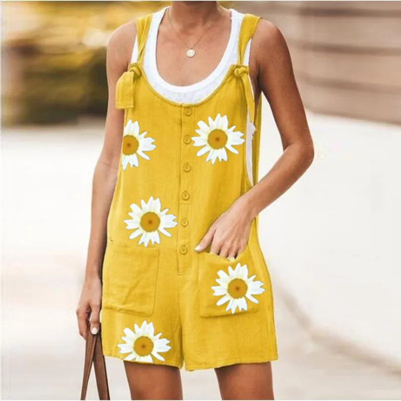 

New Daisy print Overalls Elegant Jumpsuits Summer Women Romper Casual Vintage Ladies Short Pants Cotton and linen Wide Leg Pants