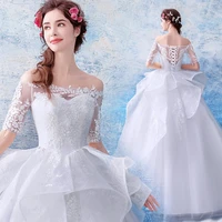 a line netting ruffle wedding dresses satin applique lace boat neck floor length bridal gown corset back