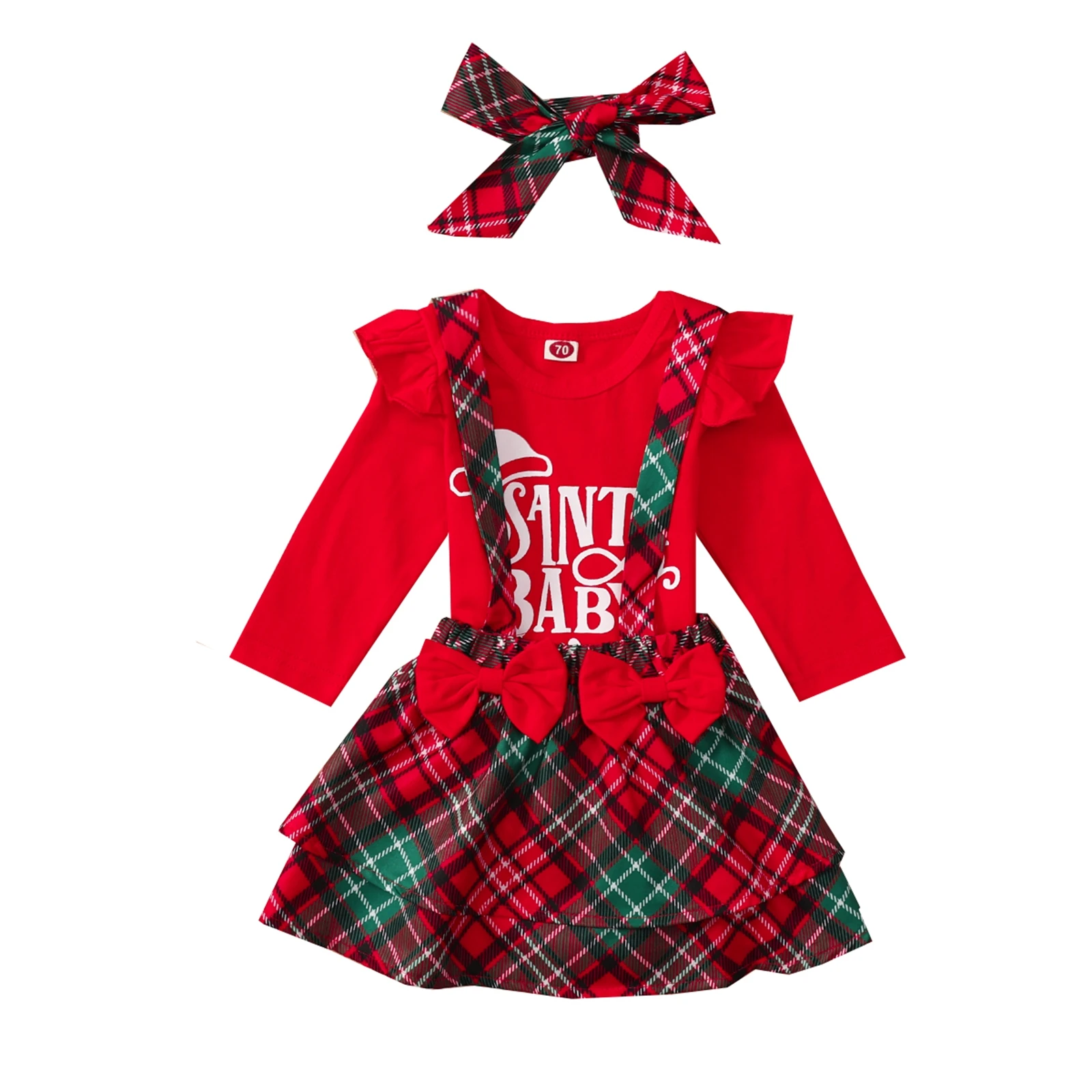 

3Pcs Christmas Baby Girls Outfit, Letter Printing Long Sleeve Round Collar Romper + Plaid Suspender Skirt + Headwear Set