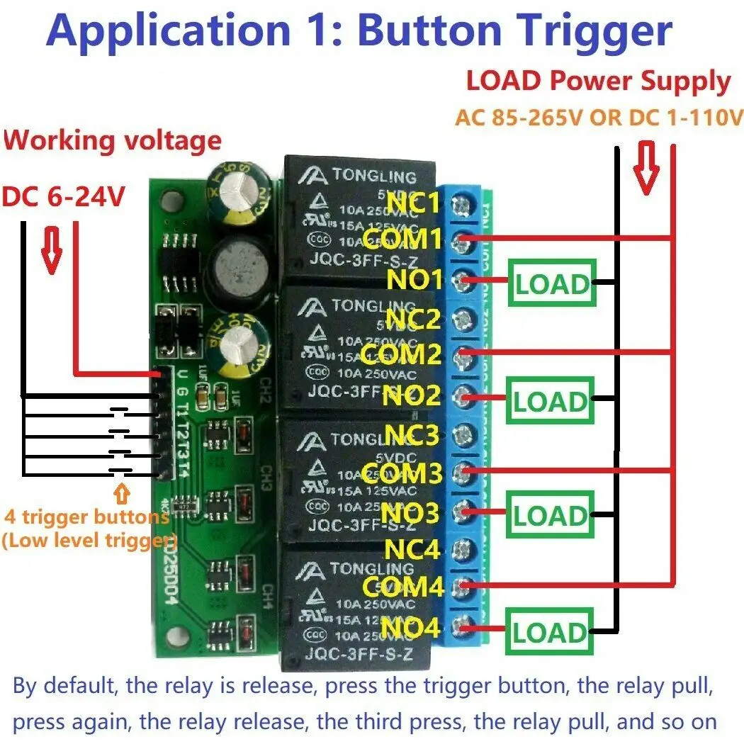 

4ch DC 6V-24V Flip-Flop Latch Relay Module Bistable Self-locking Electronic Switch Low pulse trigger Board Button MCU IO Control