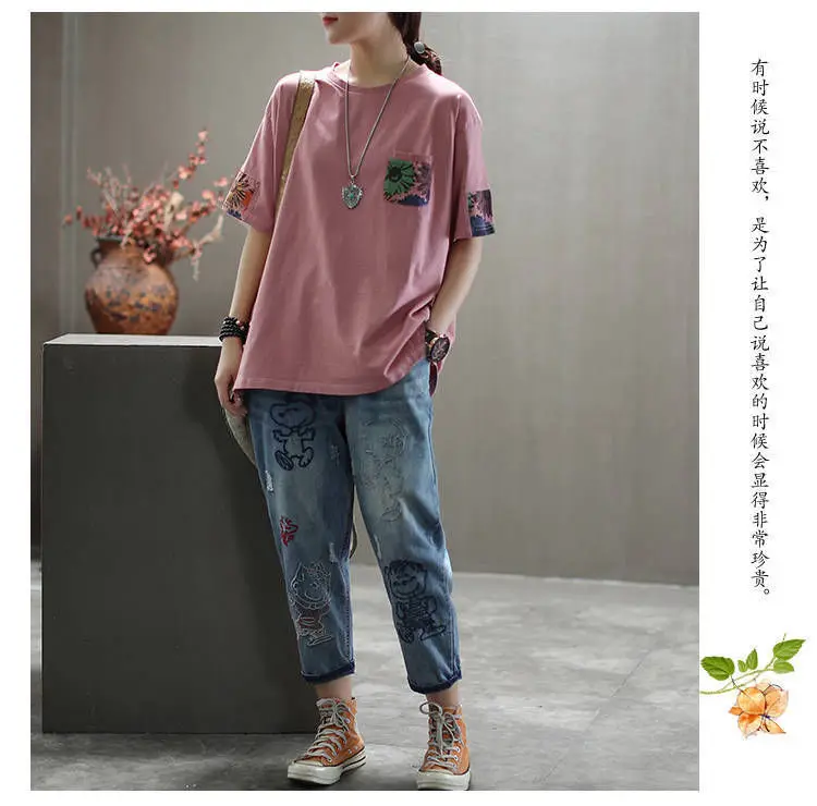 

Casual Short Sleeve Tops Cotton T-shirt for Women Harajuku Chic Pocket Print Loose T-shirts Female Summer Plus Size Tops