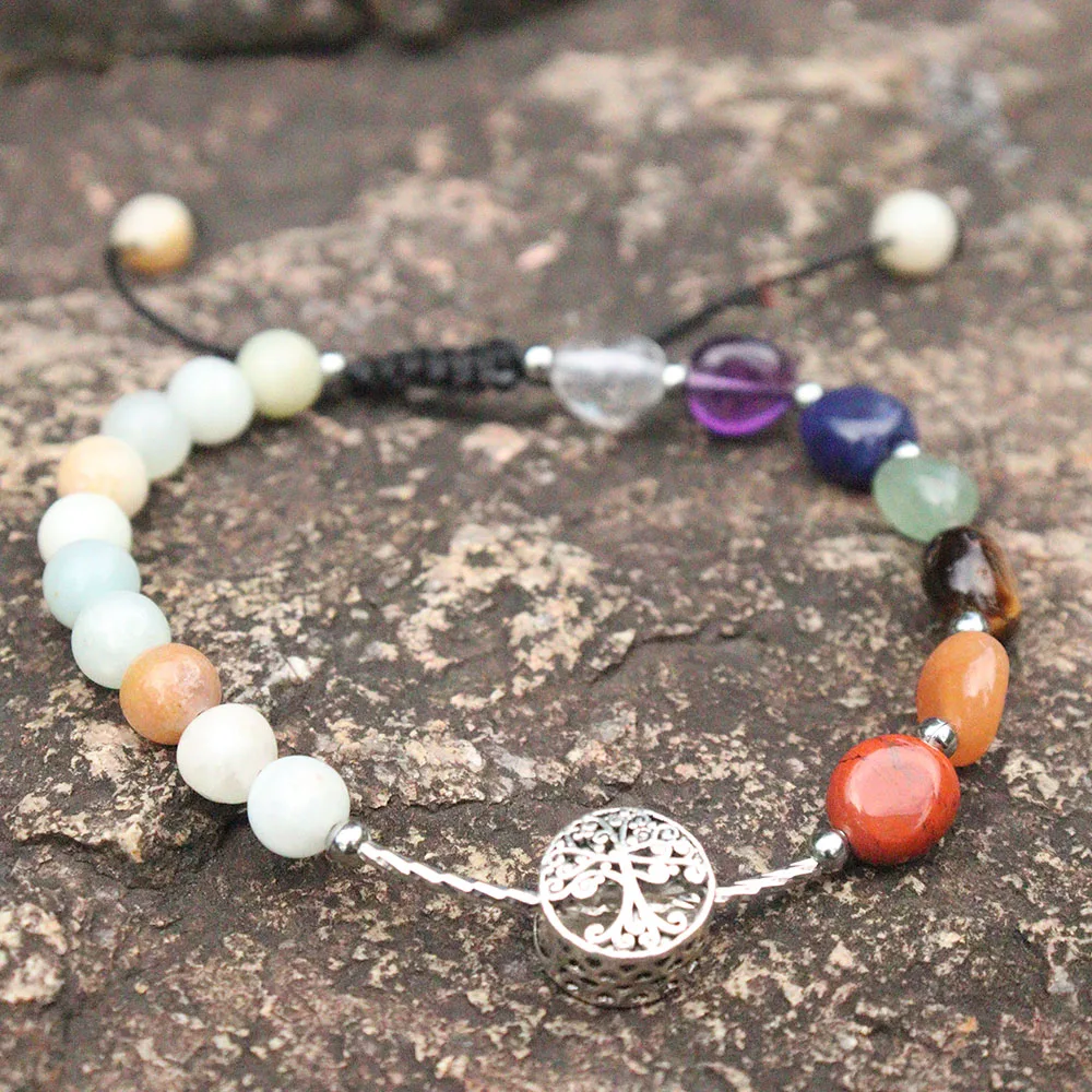 

7 Chakra Natural Stone Bracelets Antique Silver Charms Crystal Beads Braided Bracelet Bangles Natural Jewelry Women Accessories