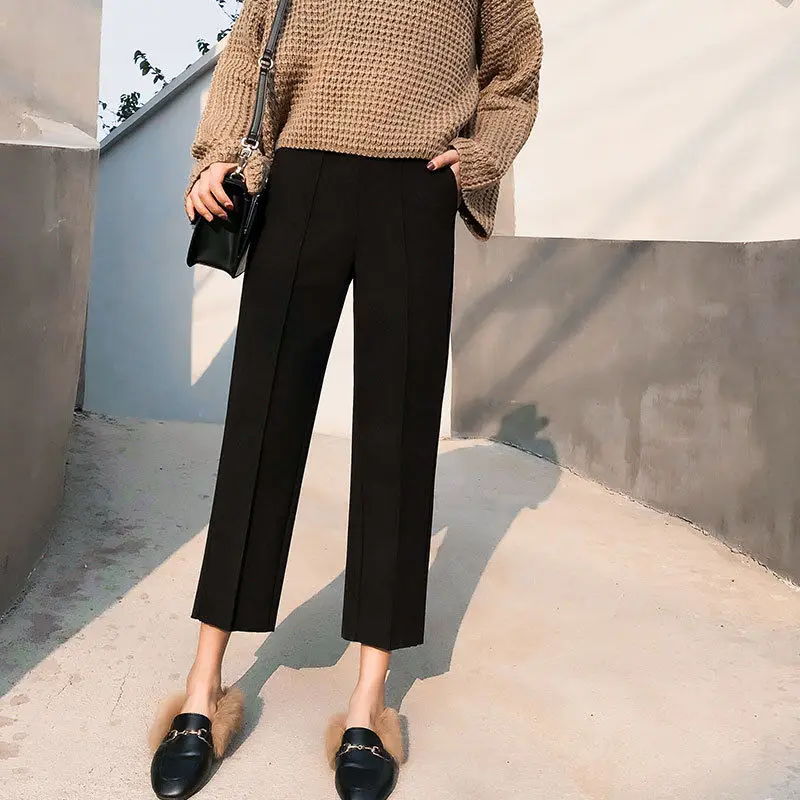 black pants Осень-зима шерстяные прямые брюки с широкими штанинами Для женщин утепленные свободные офисные шерстяное Высокая Талия штаны - Цвет: black pants