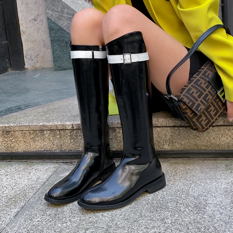 

Prova Perfetto Knee-High Black And White Fashion Woman boots Genuine Leather Woman Shoes Soft Rain Boots with Buckle Strap Shoes