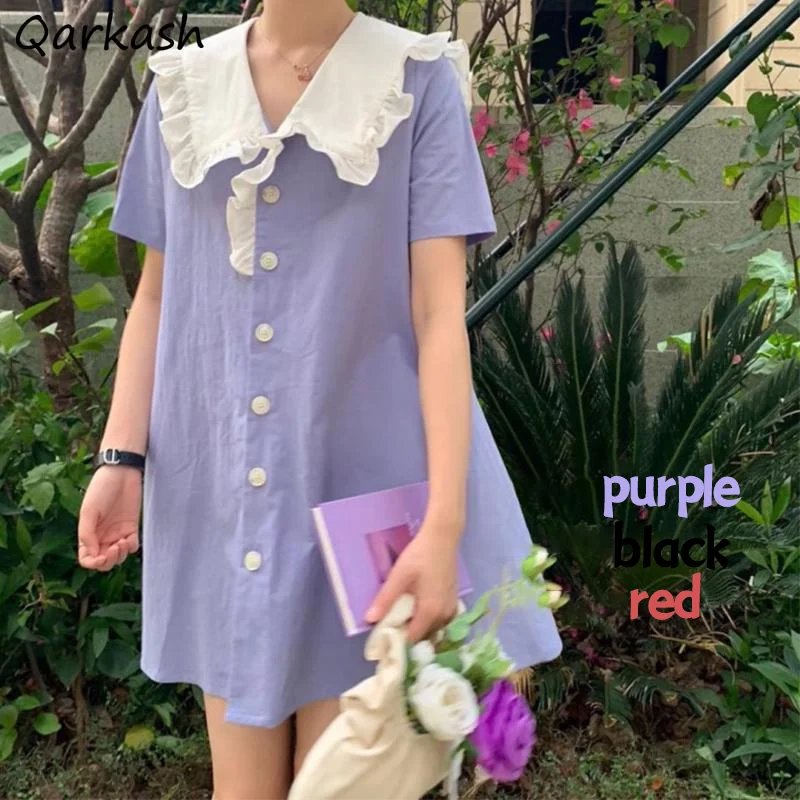 

Short Sleeve Dress Women Sweet Lovely Sailor Collar Patchwork Mini Dresses Loose Pleated Ulzzang Chic Elegant Stylish Students