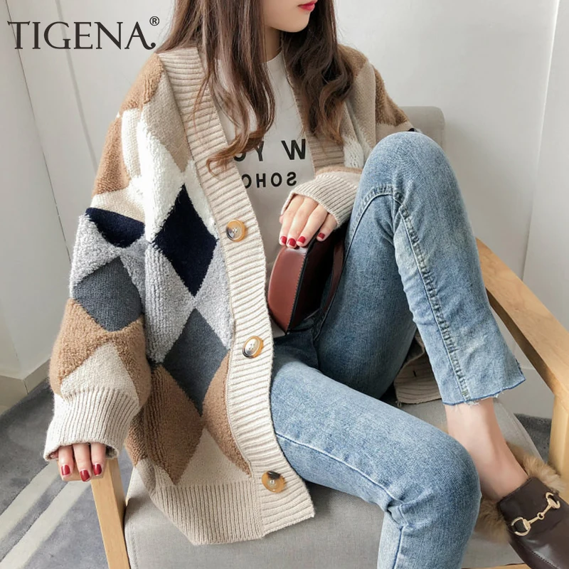 TIGENA Loose Plaid Long Cardigan Women 2020 Autumn Winter Sleeve Knitted Sweater Female Jacket |