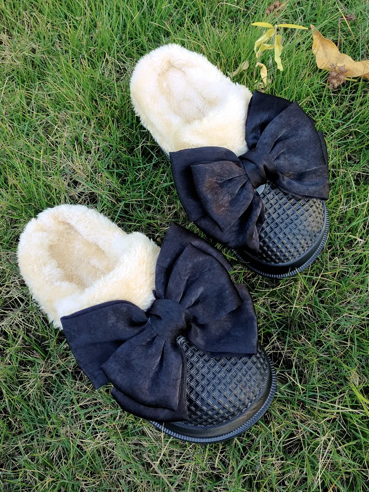 

Low Flat Shoes Female Butterfly-Knot Winter Woman Slipper Slides Massage PU Basic Butterfly-knot Short Plush with Shoes Woman 20