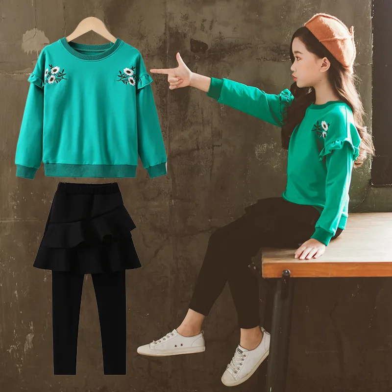 Наряды для девочек весенне осенний костюм детский свитер с вышивкой в Корейском