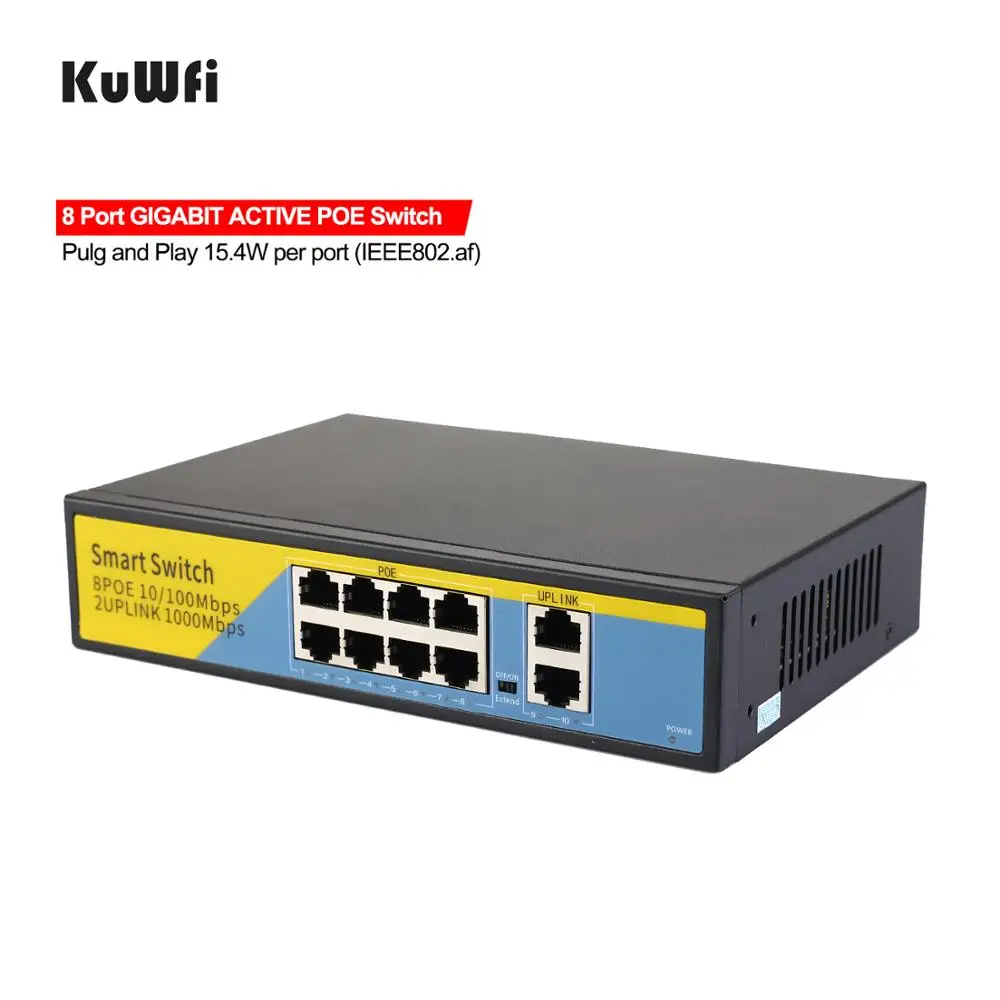 48 В POE коммутатор 10/100/1000 Мбит/с Ethernet 8 портов гигабитный RJ45 концентратор + 2 порта