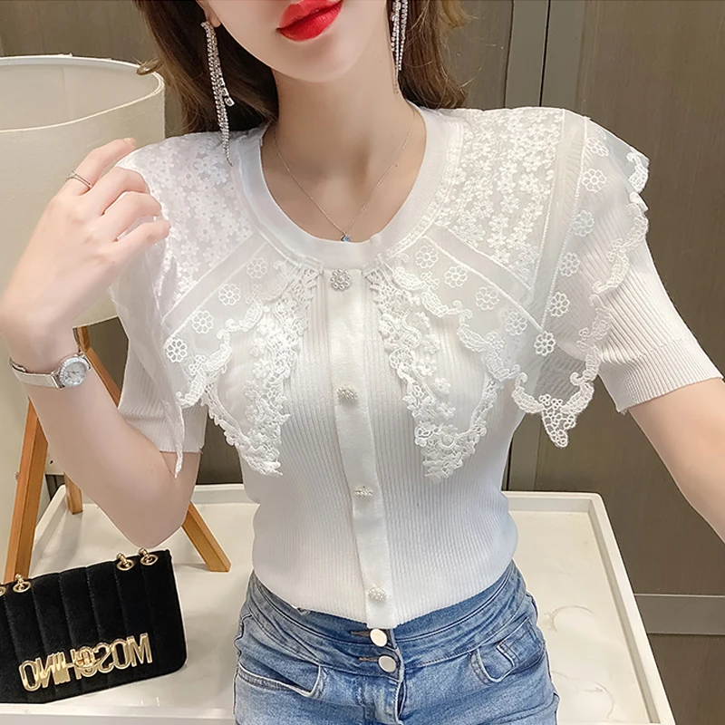 

Элегантные женские рубашки Blusas, женские рубашки, женская новая летняя кружевная приталенная трикотажная блузка с оборками и коротким рукав...