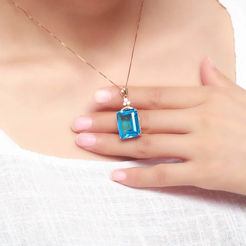

BIJOX STORY Elegant 925 Sterling Silver Necklace with Rectangle Shaped Sapphire Pendant Fashion Jewelry for Women Wedding Party