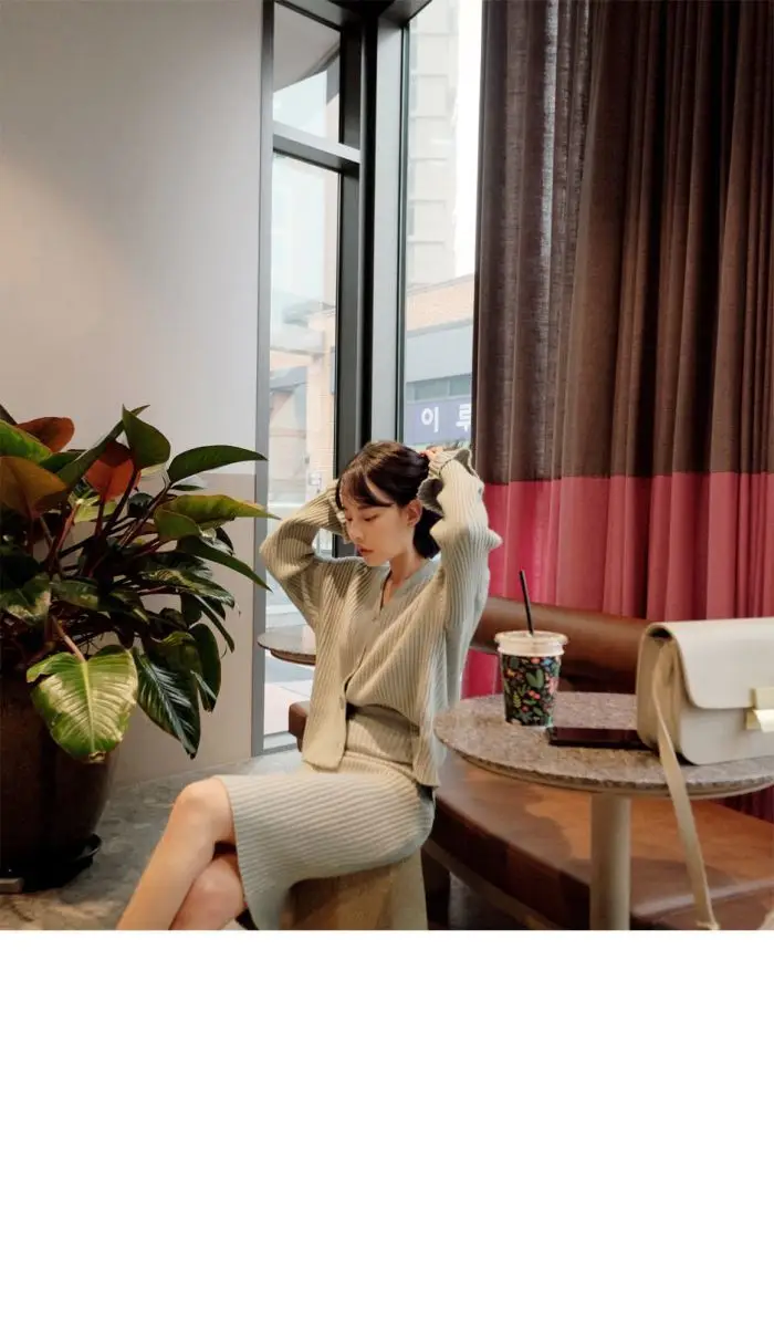 Женский винтажный Трикотажный костюм двойка кардиган с рукавами фонариками +