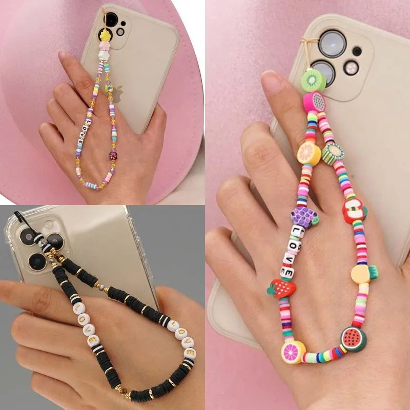 

Модная разноцветная цепочка со смайликами, искусственная цепь, веревка из мягкой керамики с защитой от потери для телефона, шнур для женщин