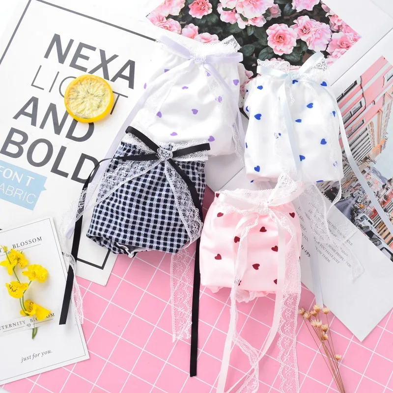 Атласное шелковое нижнее белье с принтом в виде сердца сексуальные кружевные