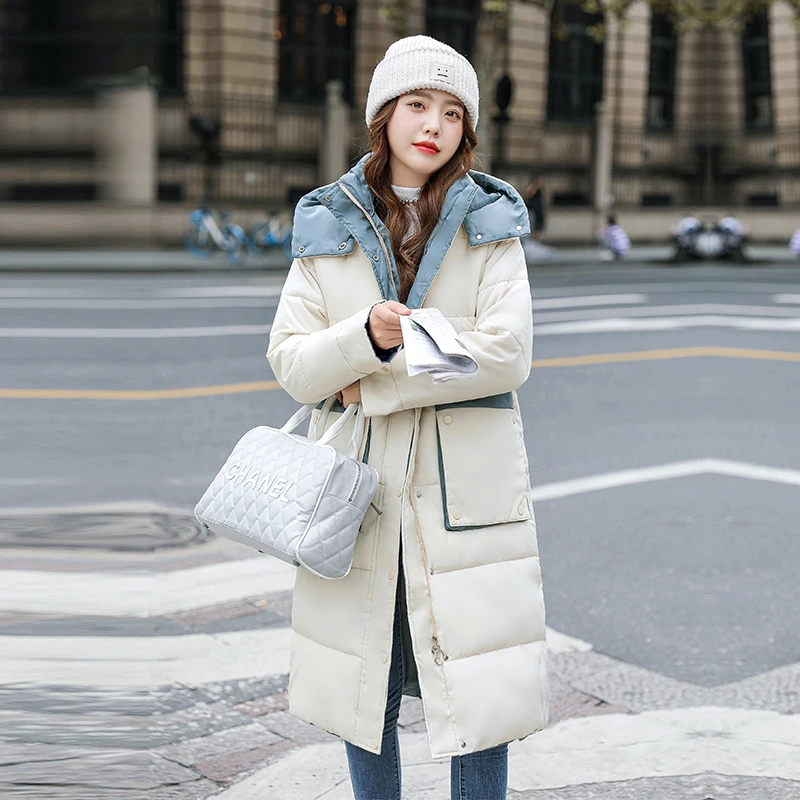 

Long Hooded Parka Color Contrast Winter Jackets For Women 2021 New Casual Thick Warm Parka Coat Female Outerwear