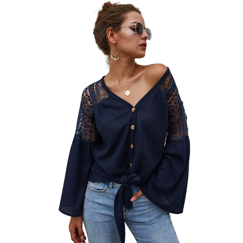 

Women Casual Lace Shirt Flare Sleeve V-neck Solid Button Top Spring Autumn Fashion Loose Hollow Out Lace Up Shirts For Woman