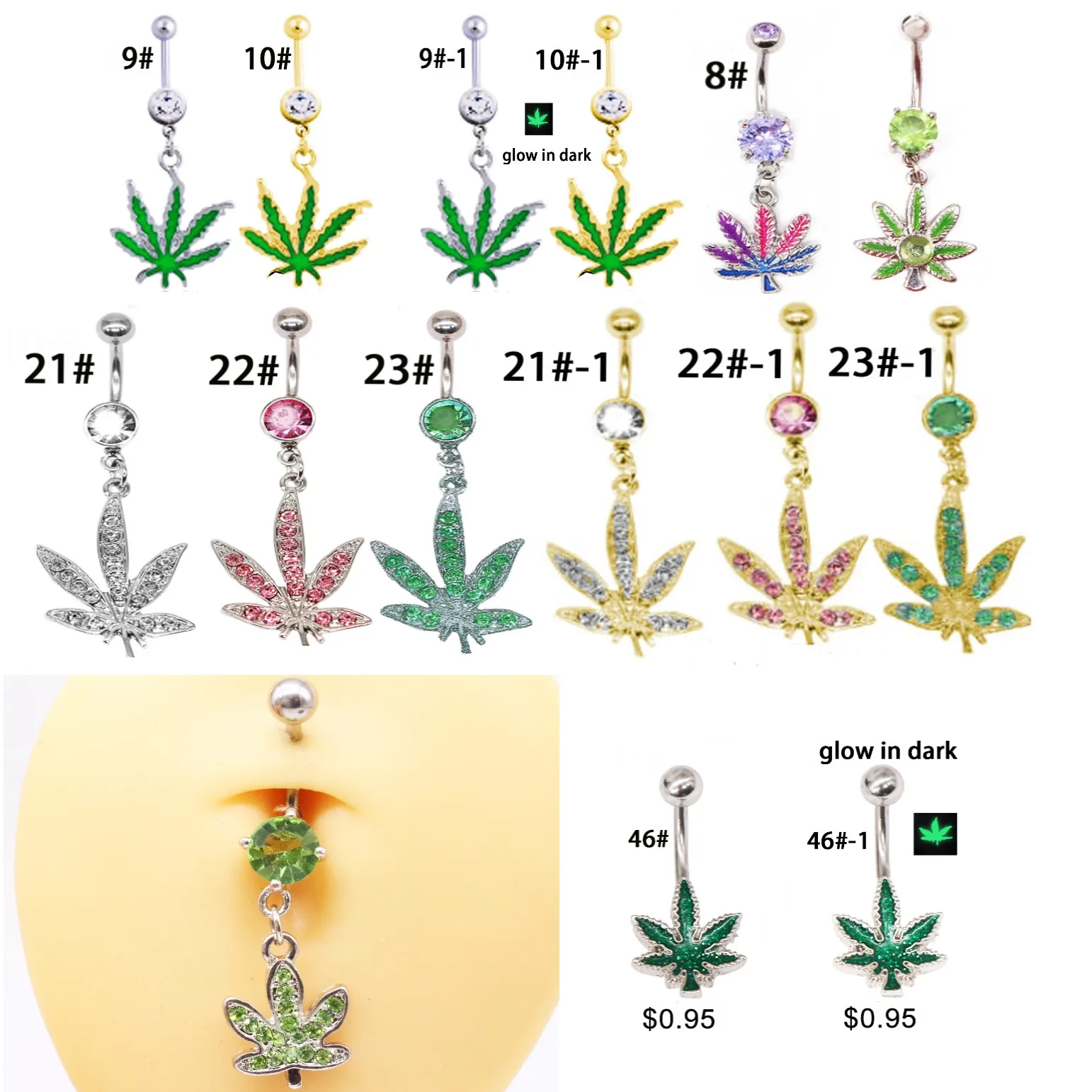 

Hot sale CZ dangle belly button rings Gem Weed leaf 316L surgical steel Piercing Jewelry Belly Piercing