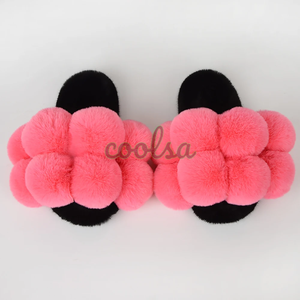 

Fashion Women Fur Slippers Pom Pom Flip Fops Plush Shoes Flat Home Slipper Ladies Cute Furry Slides Rainbow Fluffy Fur Sandals