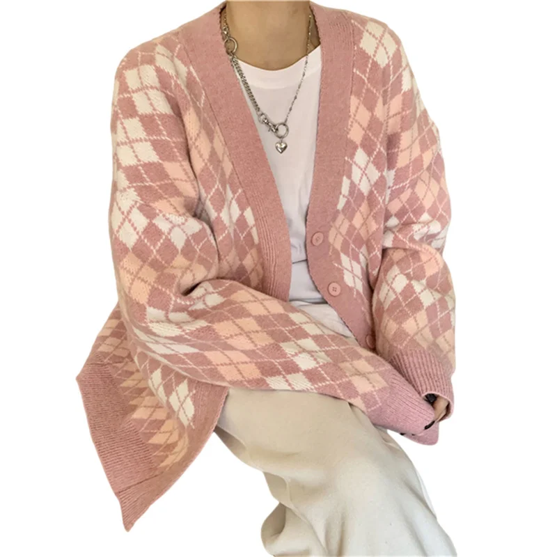 

Women Button Down Knit Sweater Ladies Long Sleeve V-Neck Argyle Print Loose Cardigan Coat Female Outfits