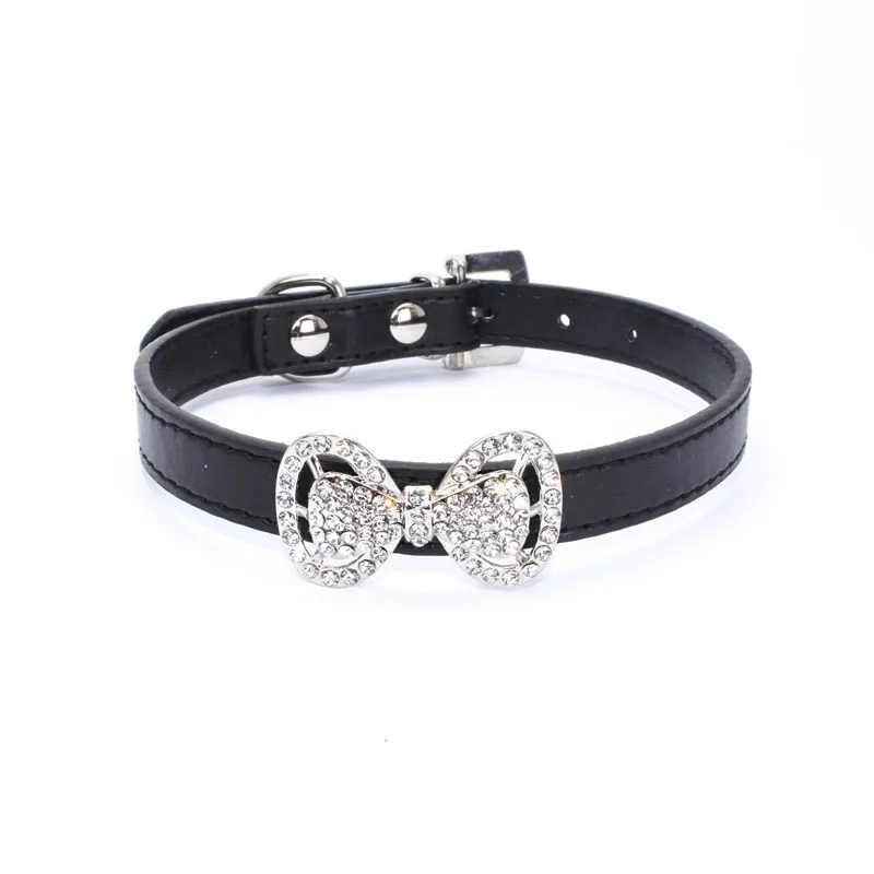 Bling Rhinestone Bowtie Doggy Collar Luxury PU Leather Small Pets Belts Cheap Cute Kitty Collars | Дом и сад