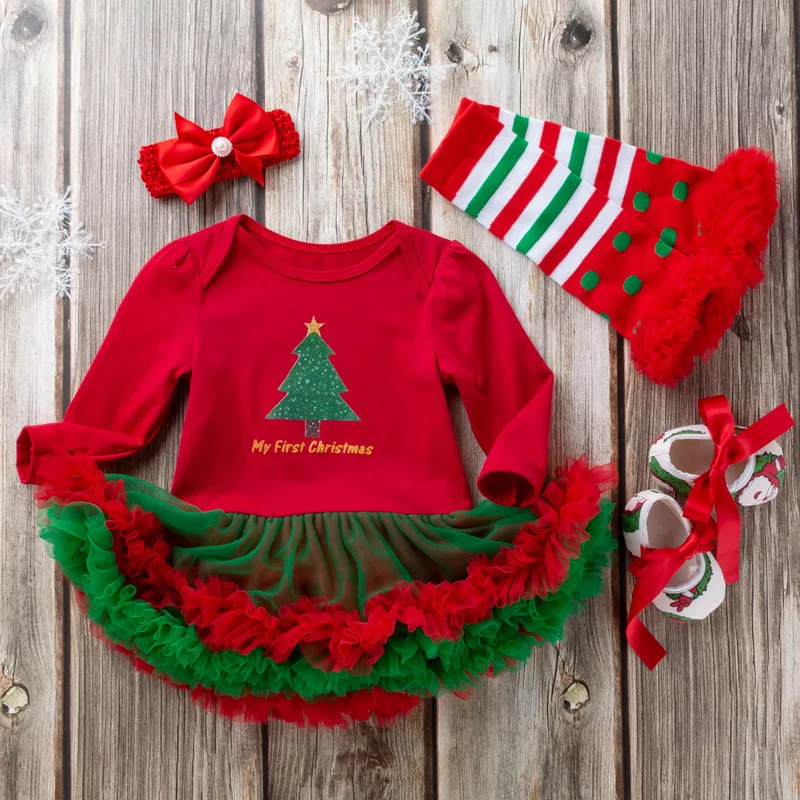 Baby Girl Dress Set My First Christmas Costume Tutu Dresses NewbornToddler Girls Outfits 4pcs Red Romper Shoes Headband Socks | Детская