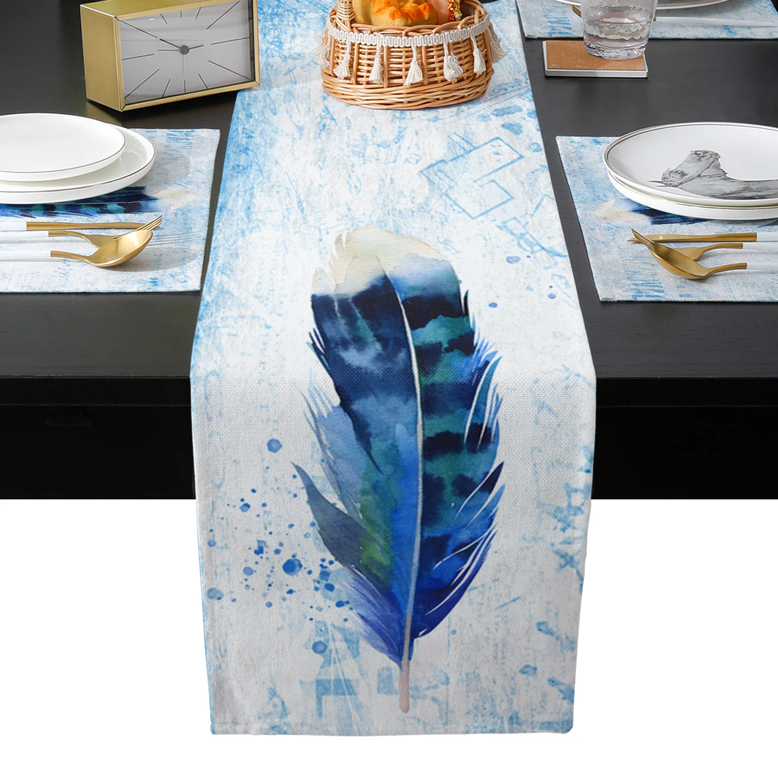 

Watercolor Art Feather Mottled Vintage Table Runner Set Home Table Decoration Table Runners for Dining Table