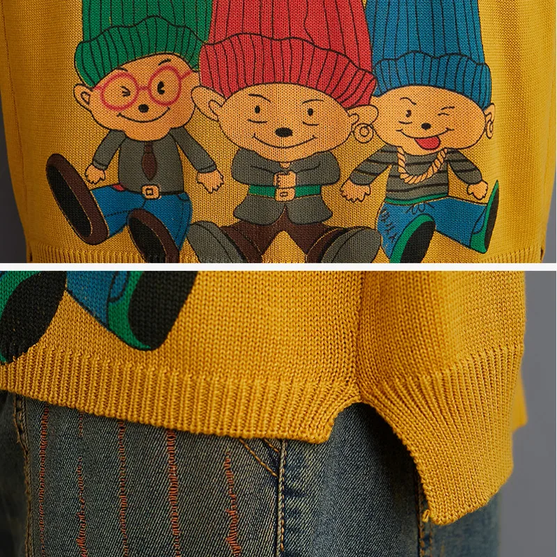 

#1272 Yellow Khaki Cartoon Printed Sweater Women Casual Vintage Women Sweaters Pullovers Loose Knitted Sweater Femme Spring 2021