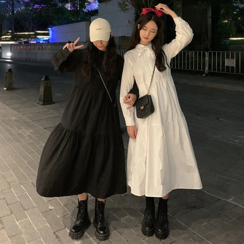 

Long Sleeve Dress Women Turn Down Collar Mid-calf Patchwork Elegant Vintage Solid Vestidos Fashion Ulzzang College Chic Simple