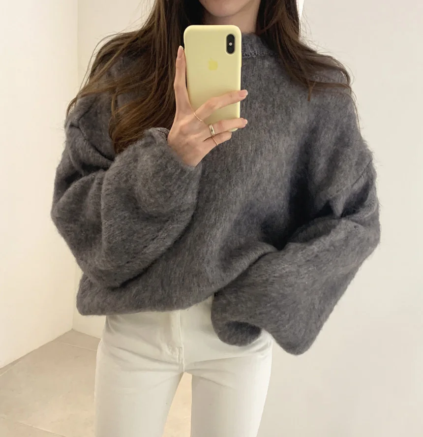 

Повседневный свободный свитер, женские модные пуловеры в Корейском стиле, однотонные трикотажные топы с круглым вырезом и длинным рукавом, ...