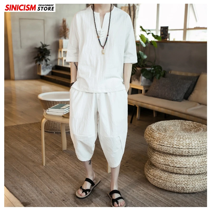 Мужской летний спортивный костюм Sinicism Store однотонные белые льняные шорты в