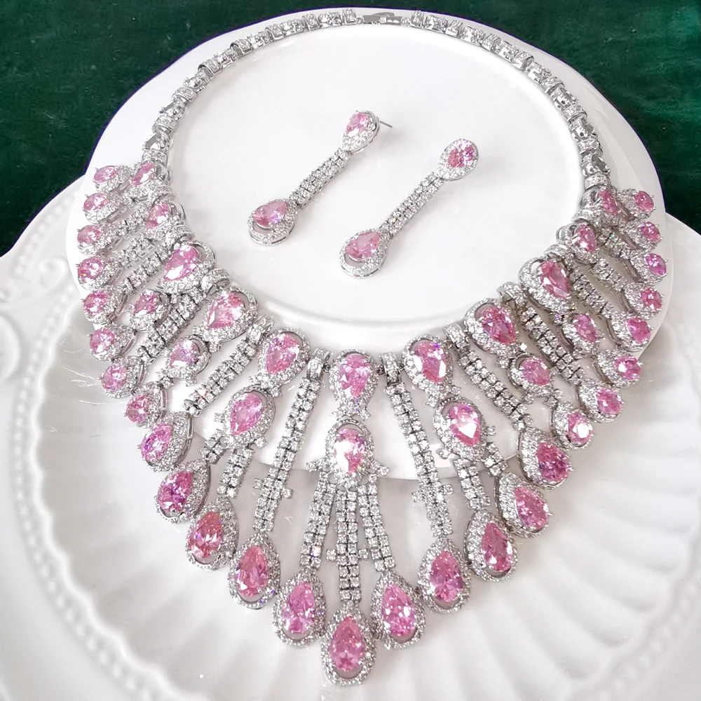 2023 NEW FASHION luxury red pink purple crystal water drop zircon necklace earring set,wedding bride party dress banquet jewelry