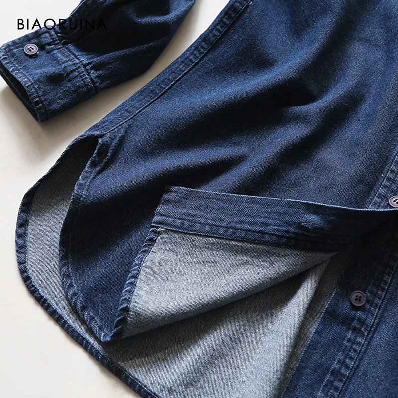 

BIAORUINA Women's Denim Blue Single Breasted All-match Casual Shirt Long Sleeve Female Loose Vintage Blouse Streetwear