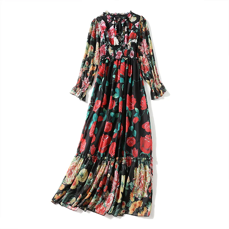 

Springsummer 2021 new women's elegant temperament lace collar printed chiffon long vacation long sleeve cultivate morality dress