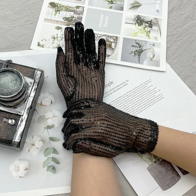 

Black Lace Sequins Full Finger Children Performance Wedding Dress Gloves Sexy Women Summer Sunscreen Cycling Driving Mittens R37