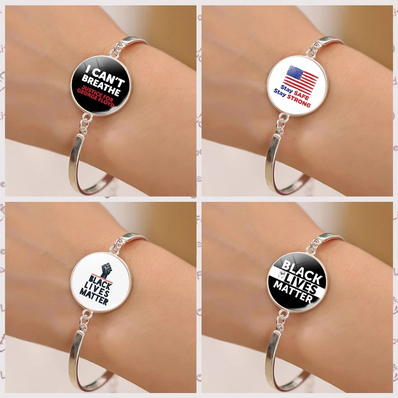 

"BLACK LIVES MATTER " "I CAN'T BREATHE" Silver Color Bracelet Art Picture Glass Dome Charm Clasp Bracelet Jewelry Women Fashion