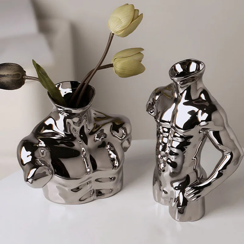 

European Modern Human Body Art Vase Ceramic Electroplated Silver Color Flower Arrangement Desktop Decor Ornaments Furnishings
