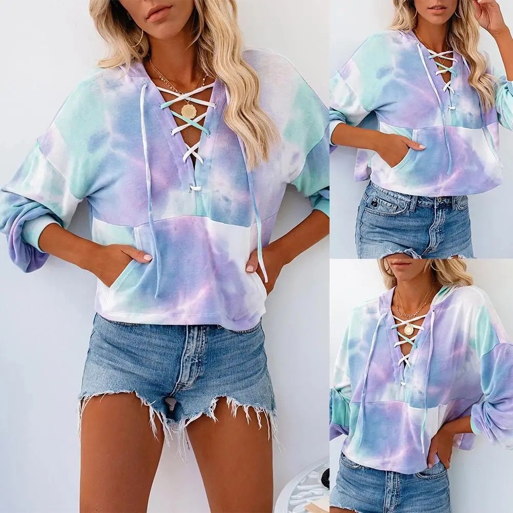 

New Women Long Sleeve Hollow V-neck Tie-dye Printed Hooded Pullover Pockets Drawstring Sweatshirts