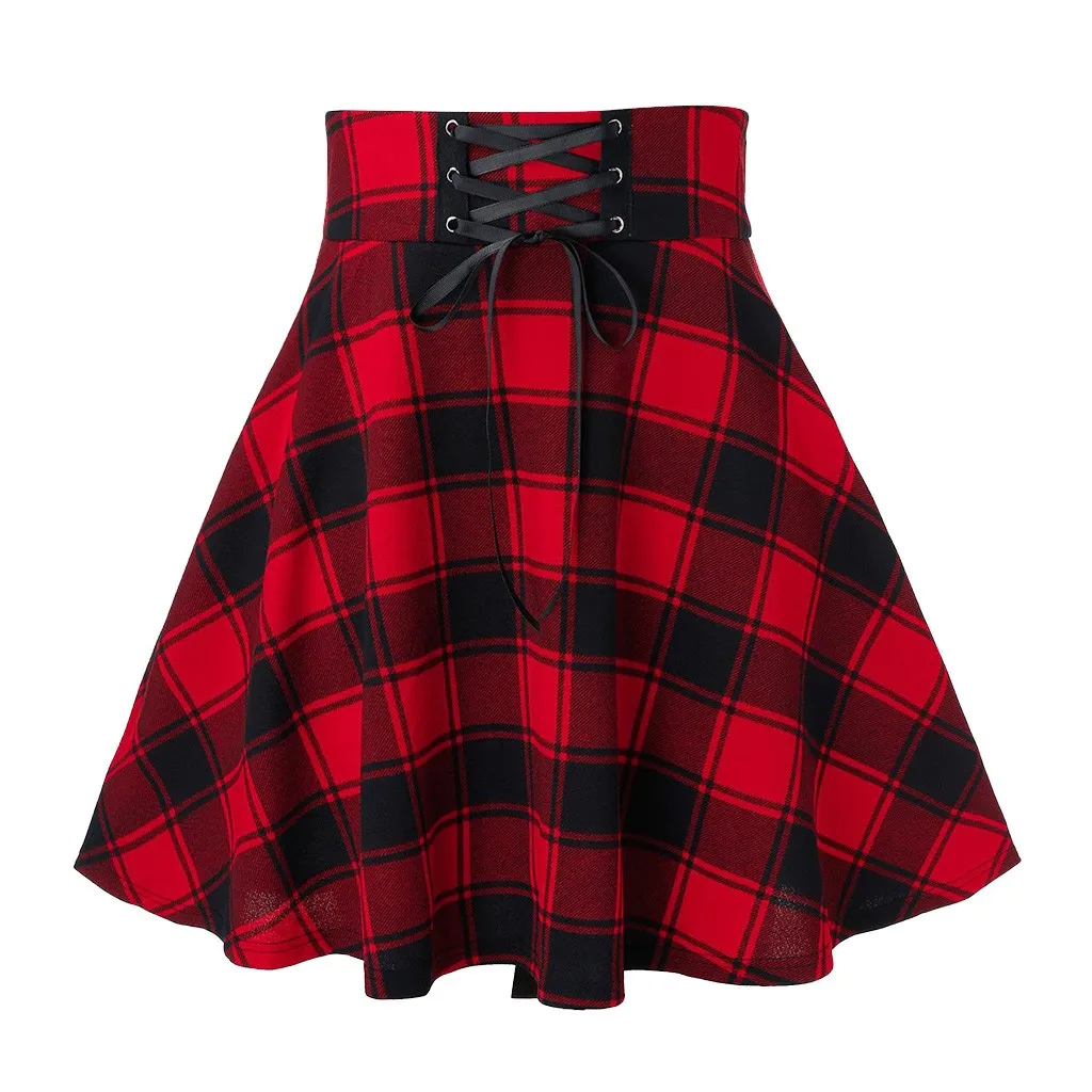Gothic Punk Harajuku Women Plaid Print Skirt Lace Up Hip Hop Winter Casual Green Grey Red Plaid Pleated Woolen Skater Punk