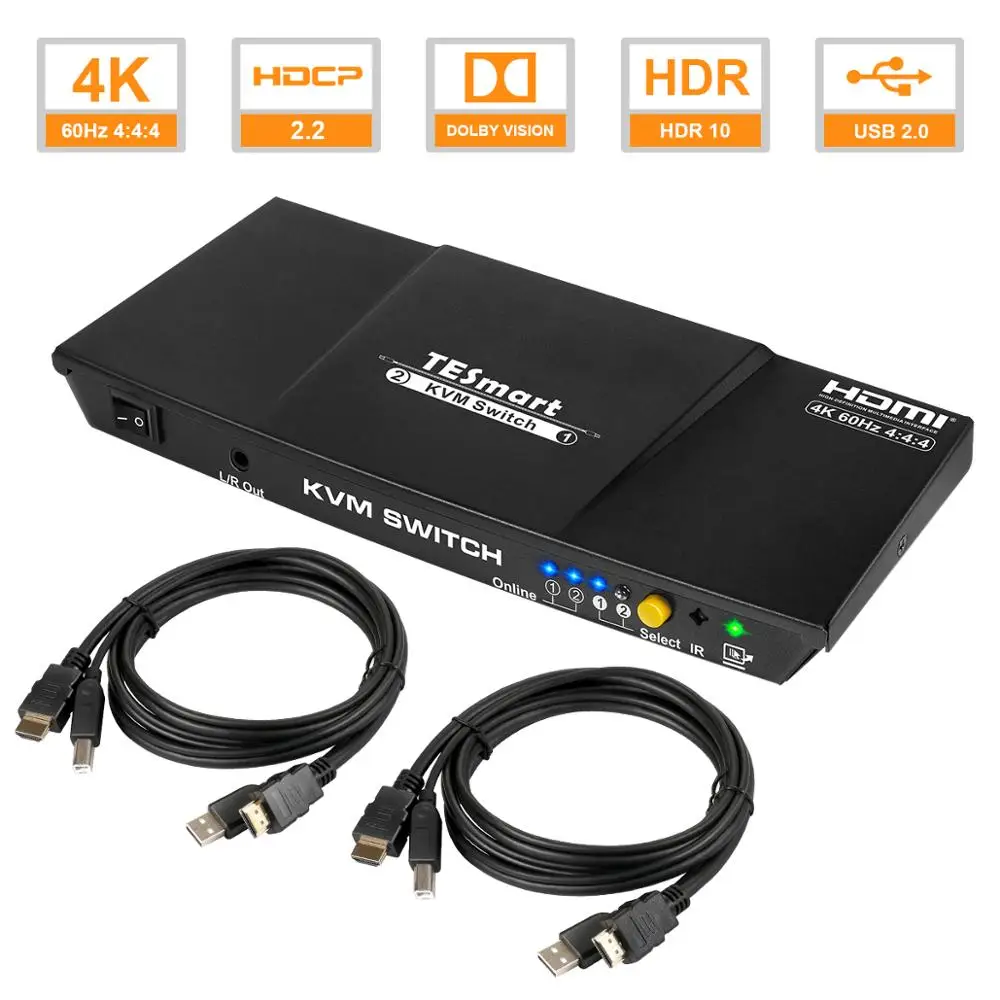 HDMI KVM Switch 2 Port USB 2.0 KVM 4K@60Hz High Quality HDCP 2.2 HDMI Switch Unix/Windows USB 2.0 Port