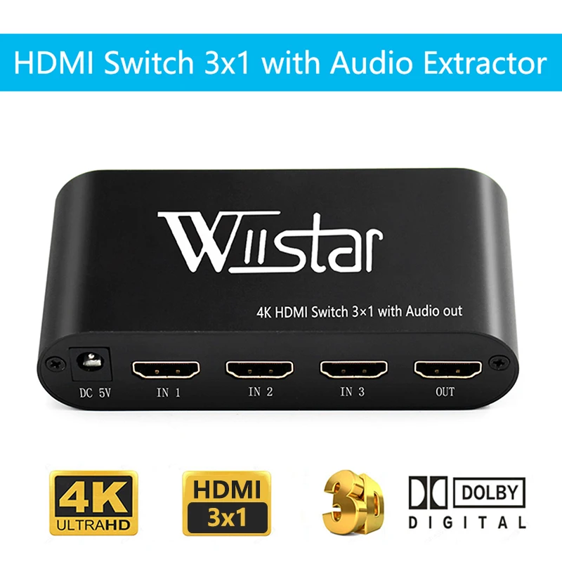 

Wiistar HDMI 1.4V Switch 3x1 Adapter 4K with Audio Extractor Optical Toslink 3.5mm Audio Output splitter for HDTV PS4