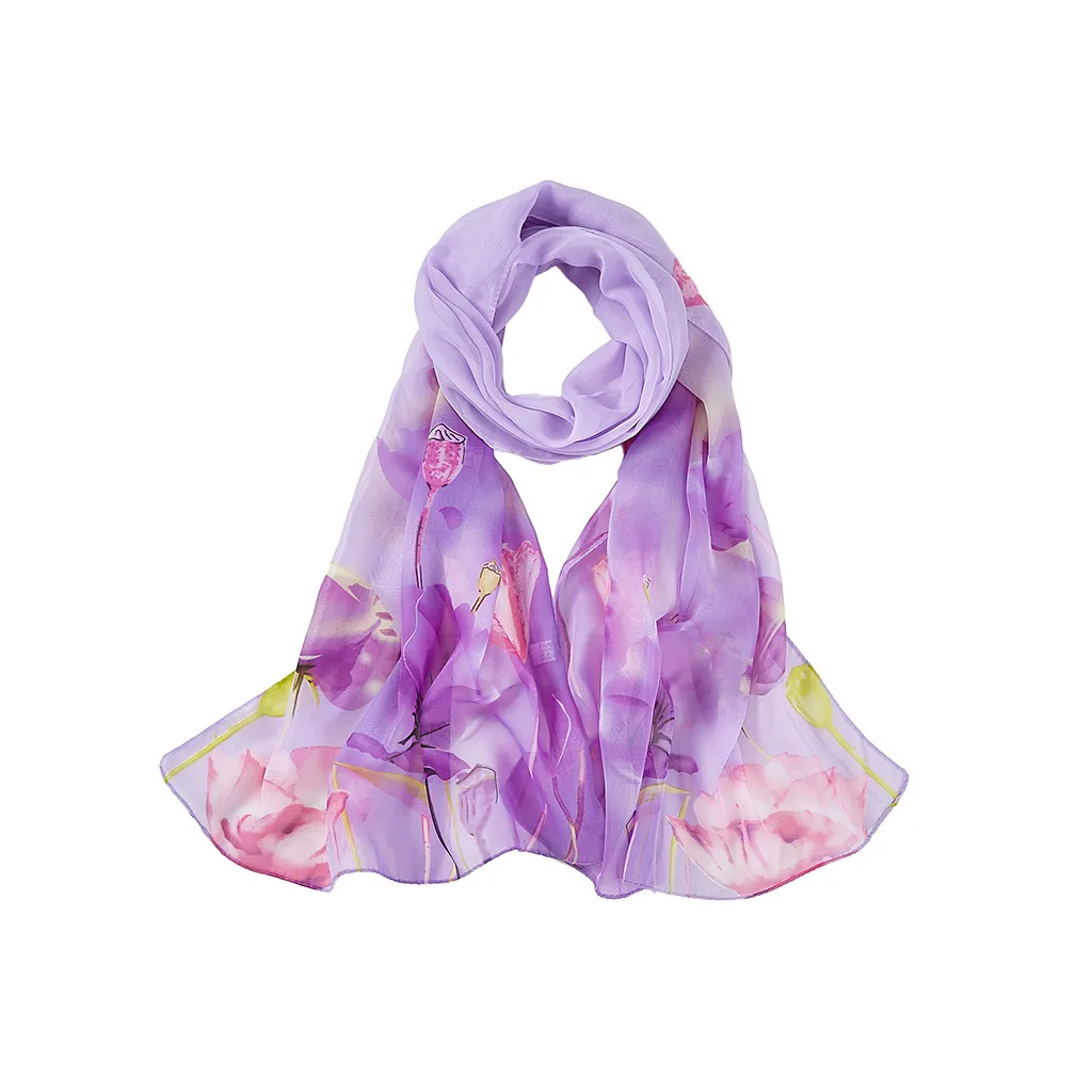 Фиолетовый цветочный принт Женский шифоновый Длинный мягкий шарф с принтом