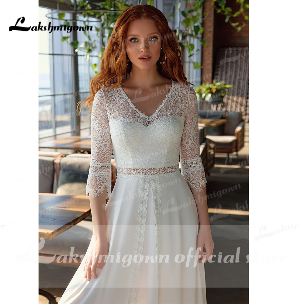 

Half Sleeve Chiffon Lace V Neck Wedding Dresses Bohemian Style With Buttons Back 2021 Lakshmigown