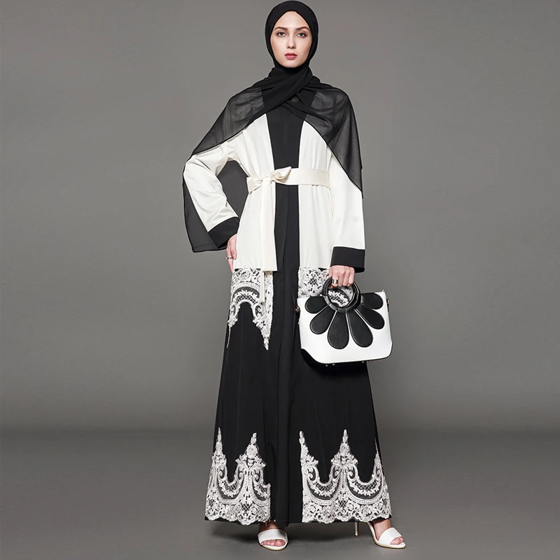 

Plus Size White Black Abaya Kimono Women Long Lace Maxi Cardigan Dubai Turkish Islamic Arab Prayer Clothing Robe Musulmane Femme