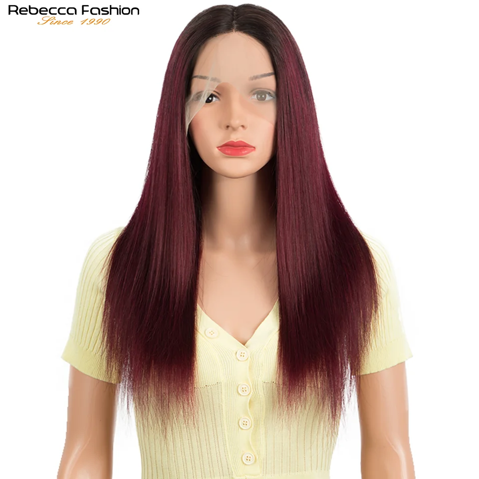 Rebecca Straight Hair 13X1 Lace Front Wig Human Wigs Ombre 99J Red Burgundy Pre-Plucked 180% Remy Deep Part | Шиньоны и парики
