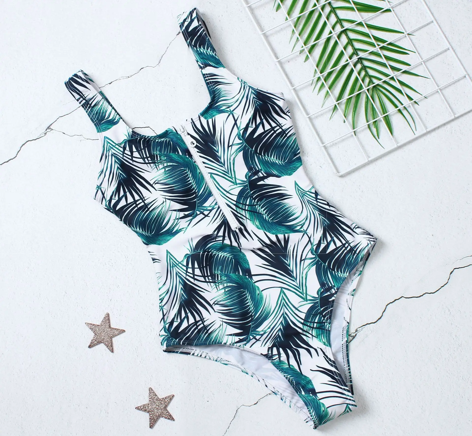 

Bikini leaf print one piece zipper swimsuit a92