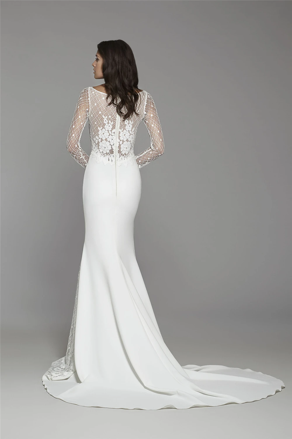 

Illusive Sheath Mesh Full Sleeve Wedding Dresses Top Quality Satin Wedding Gowns